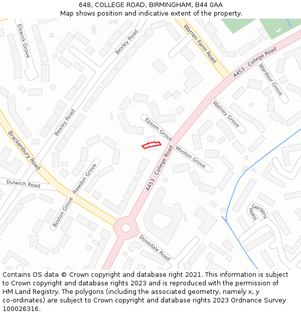 648, COLLEGE ROAD, BIRMINGHAM, B44 0AA: Location map and indicative extent of plot