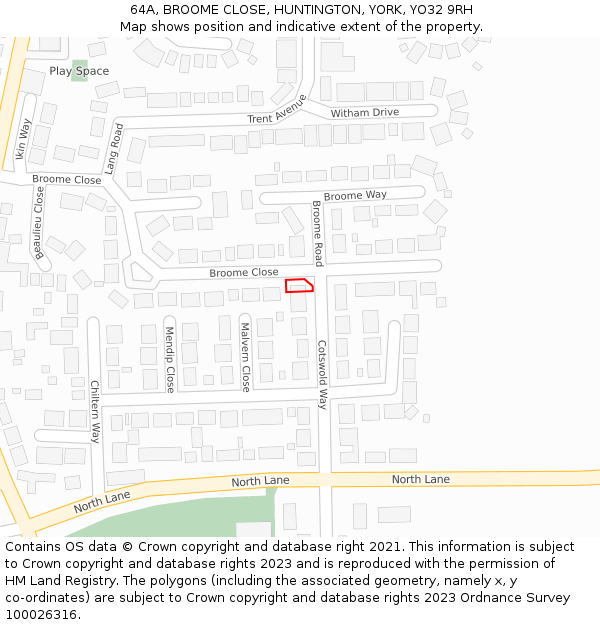 64A, BROOME CLOSE, HUNTINGTON, YORK, YO32 9RH: Location map and indicative extent of plot