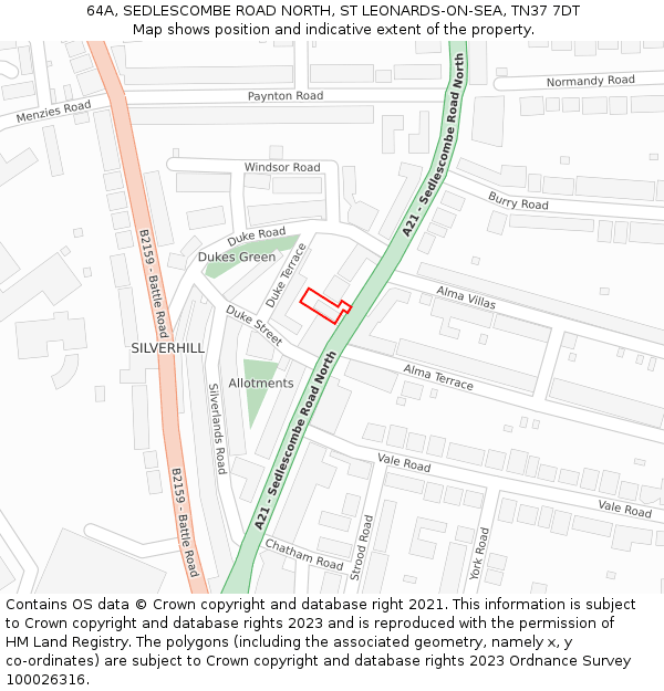64A, SEDLESCOMBE ROAD NORTH, ST LEONARDS-ON-SEA, TN37 7DT: Location map and indicative extent of plot