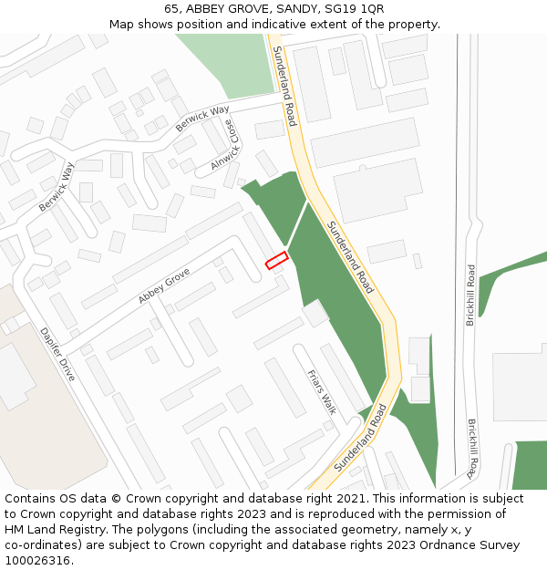 65, ABBEY GROVE, SANDY, SG19 1QR: Location map and indicative extent of plot