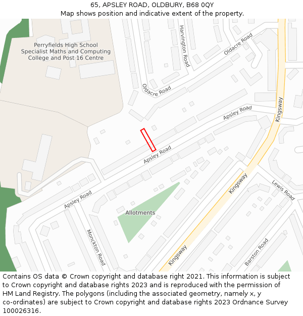 65, APSLEY ROAD, OLDBURY, B68 0QY: Location map and indicative extent of plot