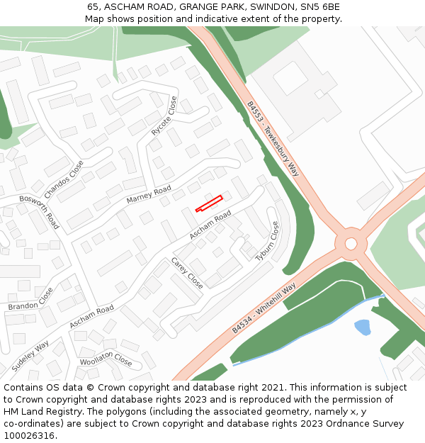 65, ASCHAM ROAD, GRANGE PARK, SWINDON, SN5 6BE: Location map and indicative extent of plot