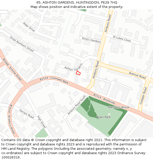 65, ASHTON GARDENS, HUNTINGDON, PE29 7HQ: Location map and indicative extent of plot