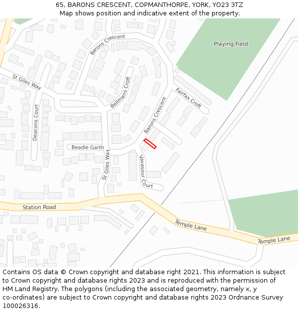 65, BARONS CRESCENT, COPMANTHORPE, YORK, YO23 3TZ: Location map and indicative extent of plot