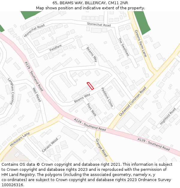 65, BEAMS WAY, BILLERICAY, CM11 2NR: Location map and indicative extent of plot