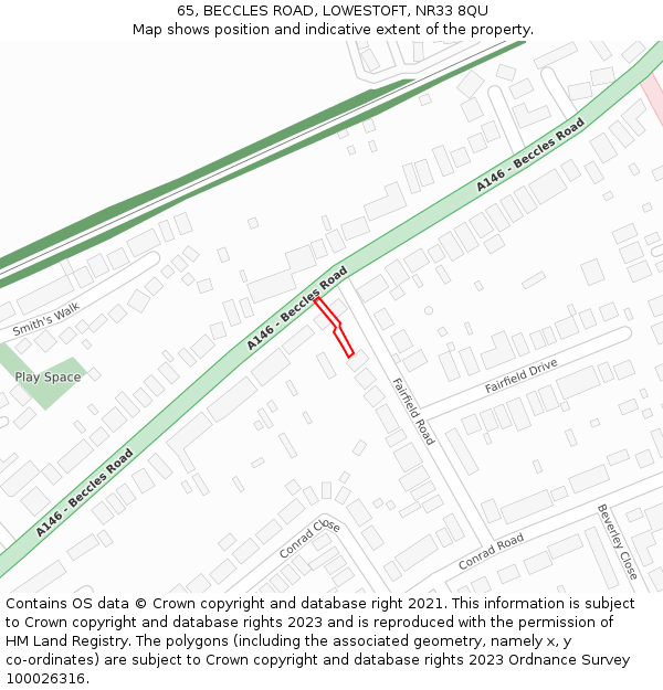 65, BECCLES ROAD, LOWESTOFT, NR33 8QU: Location map and indicative extent of plot