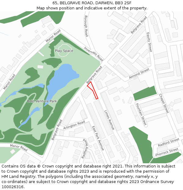 65, BELGRAVE ROAD, DARWEN, BB3 2SF: Location map and indicative extent of plot
