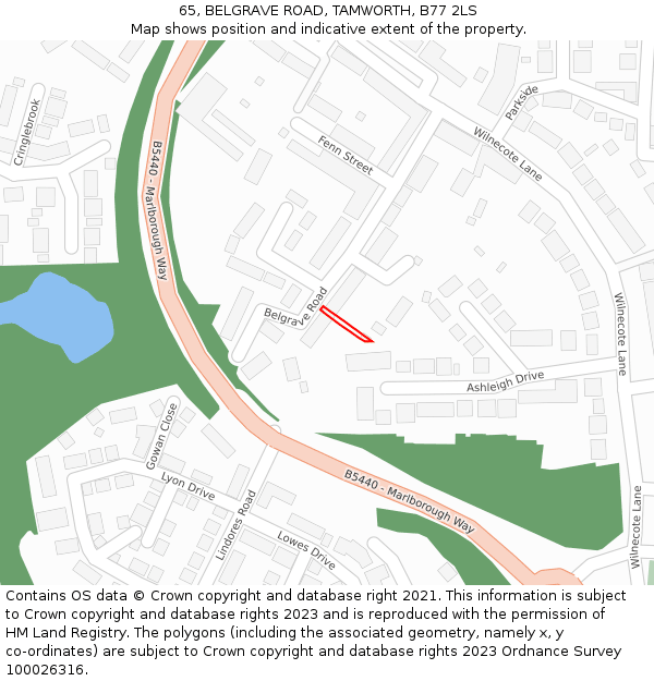 65, BELGRAVE ROAD, TAMWORTH, B77 2LS: Location map and indicative extent of plot