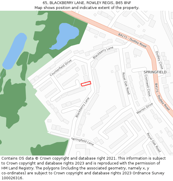 65, BLACKBERRY LANE, ROWLEY REGIS, B65 8NF: Location map and indicative extent of plot