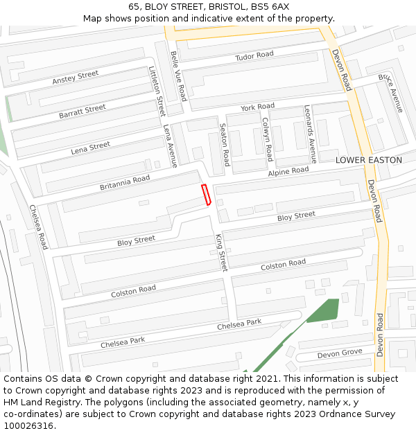 65, BLOY STREET, BRISTOL, BS5 6AX: Location map and indicative extent of plot