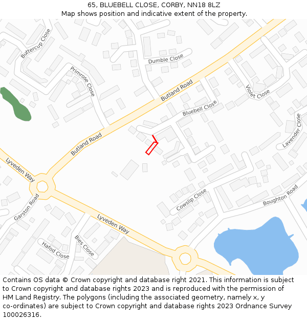 65, BLUEBELL CLOSE, CORBY, NN18 8LZ: Location map and indicative extent of plot