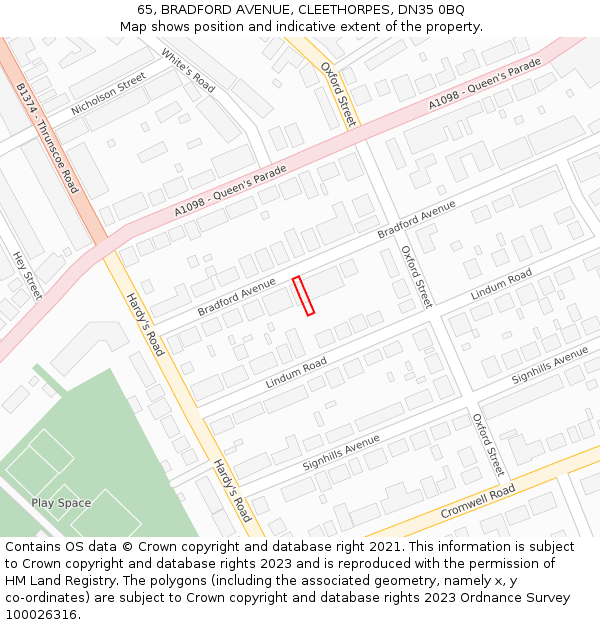 65, BRADFORD AVENUE, CLEETHORPES, DN35 0BQ: Location map and indicative extent of plot