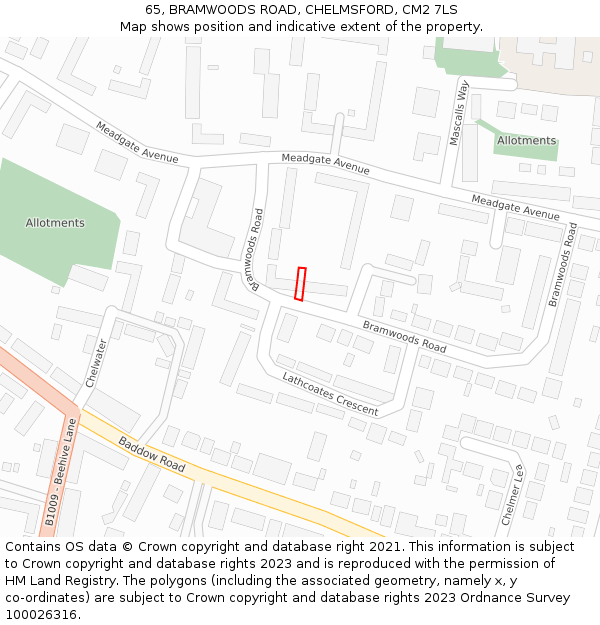 65, BRAMWOODS ROAD, CHELMSFORD, CM2 7LS: Location map and indicative extent of plot