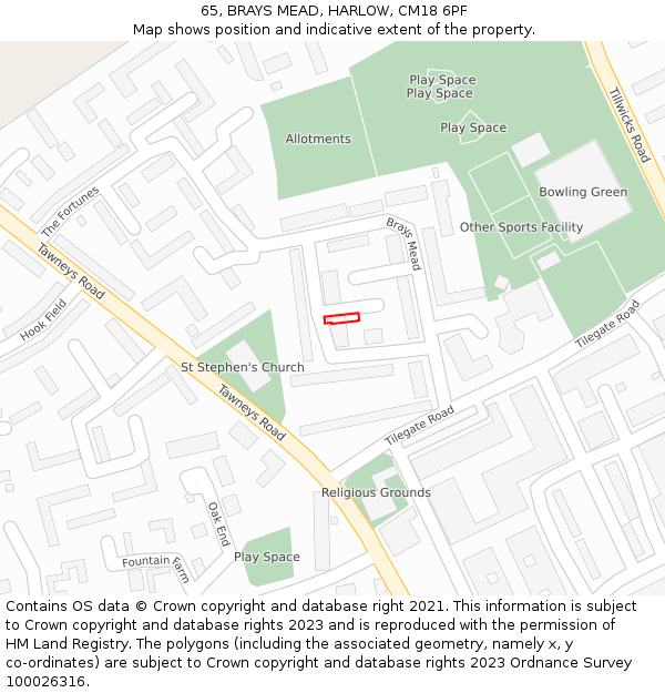 65, BRAYS MEAD, HARLOW, CM18 6PF: Location map and indicative extent of plot