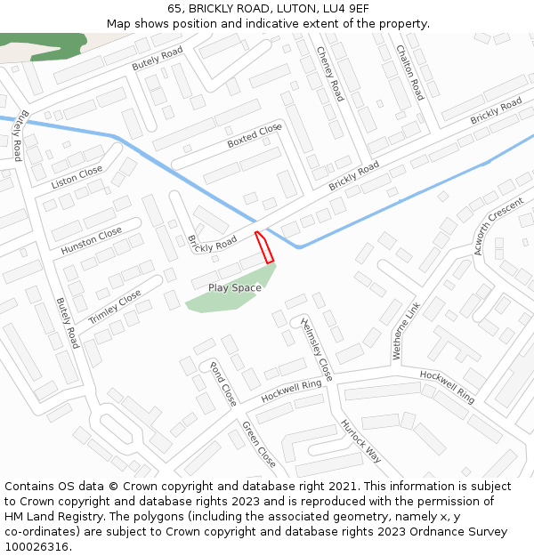 65, BRICKLY ROAD, LUTON, LU4 9EF: Location map and indicative extent of plot