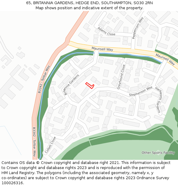 65, BRITANNIA GARDENS, HEDGE END, SOUTHAMPTON, SO30 2RN: Location map and indicative extent of plot
