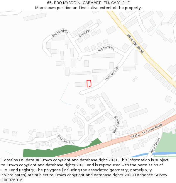 65, BRO MYRDDIN, CARMARTHEN, SA31 3HF: Location map and indicative extent of plot