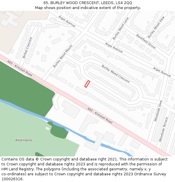 65, BURLEY WOOD CRESCENT, LEEDS, LS4 2QQ: Location map and indicative extent of plot