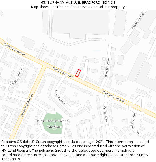 65, BURNHAM AVENUE, BRADFORD, BD4 6JE: Location map and indicative extent of plot
