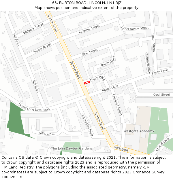 65, BURTON ROAD, LINCOLN, LN1 3JZ: Location map and indicative extent of plot