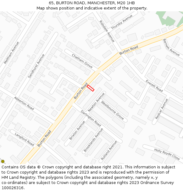 65, BURTON ROAD, MANCHESTER, M20 1HB: Location map and indicative extent of plot