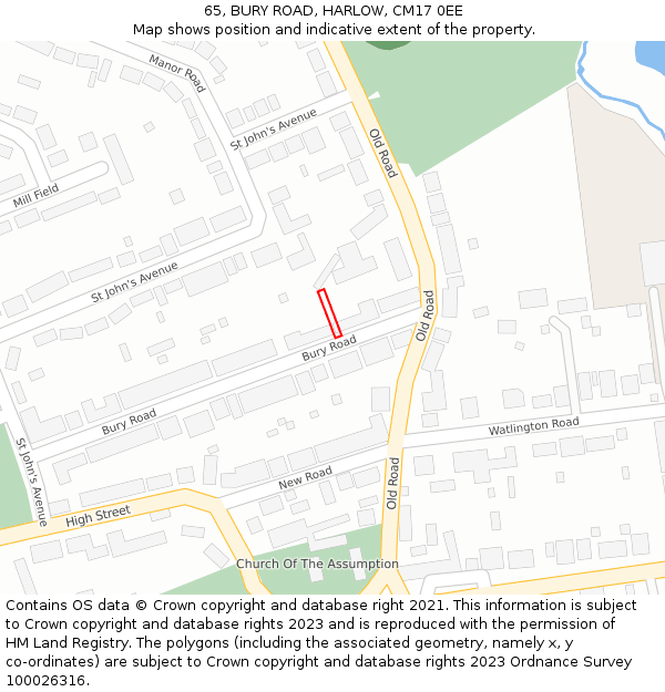 65, BURY ROAD, HARLOW, CM17 0EE: Location map and indicative extent of plot