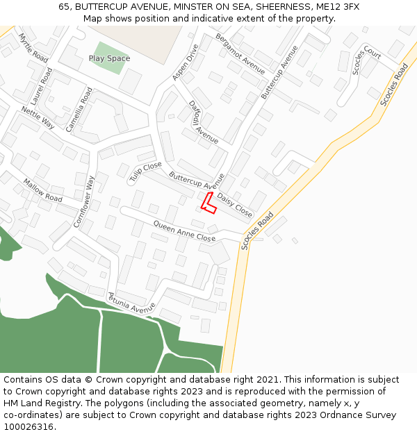 65, BUTTERCUP AVENUE, MINSTER ON SEA, SHEERNESS, ME12 3FX: Location map and indicative extent of plot
