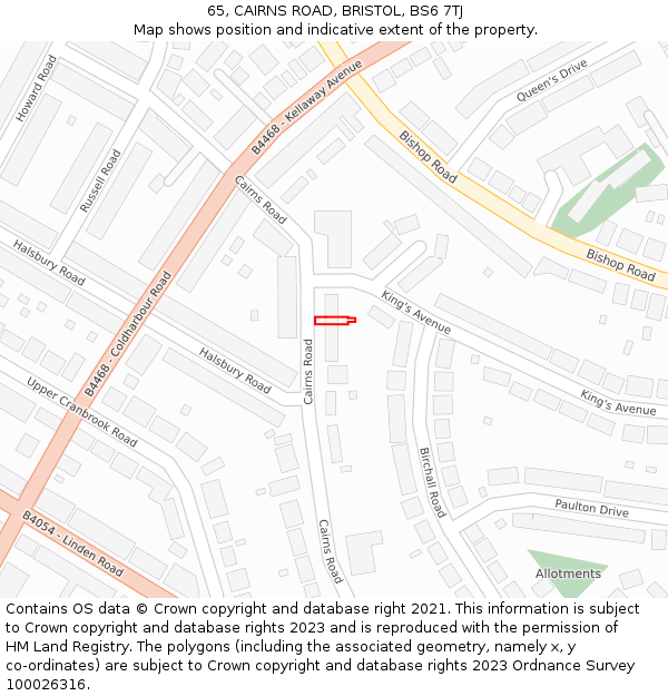 65, CAIRNS ROAD, BRISTOL, BS6 7TJ: Location map and indicative extent of plot