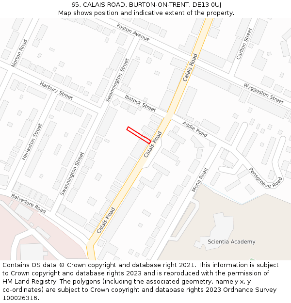 65, CALAIS ROAD, BURTON-ON-TRENT, DE13 0UJ: Location map and indicative extent of plot