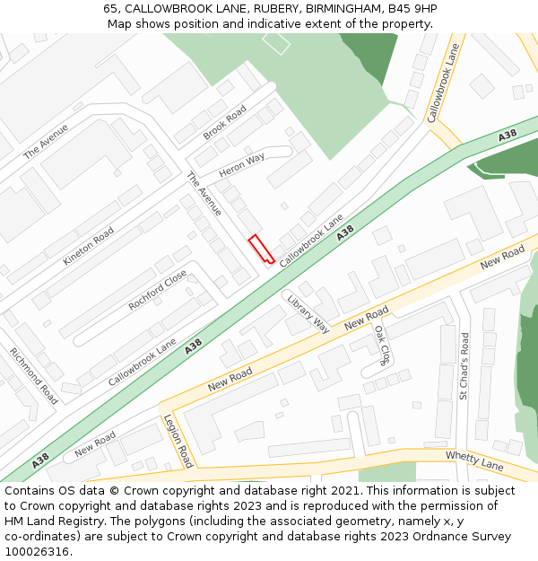 65, CALLOWBROOK LANE, RUBERY, BIRMINGHAM, B45 9HP: Location map and indicative extent of plot
