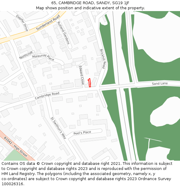 65, CAMBRIDGE ROAD, SANDY, SG19 1JF: Location map and indicative extent of plot