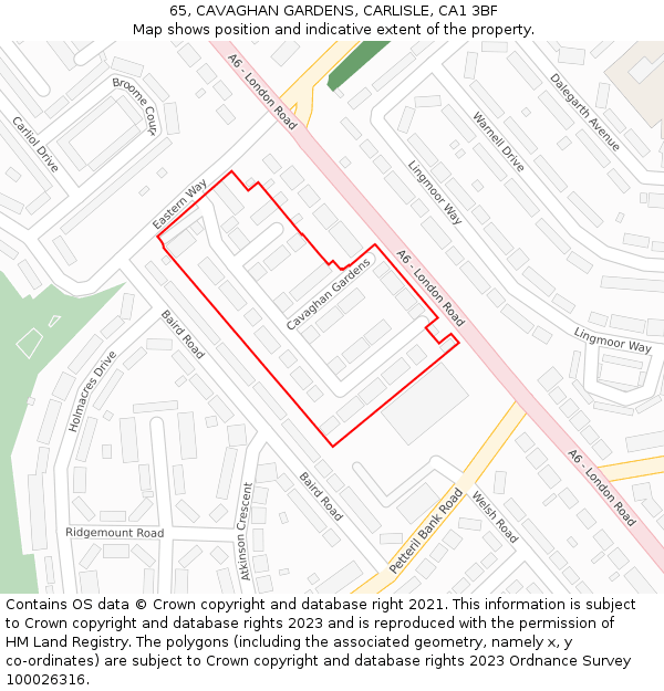65, CAVAGHAN GARDENS, CARLISLE, CA1 3BF: Location map and indicative extent of plot
