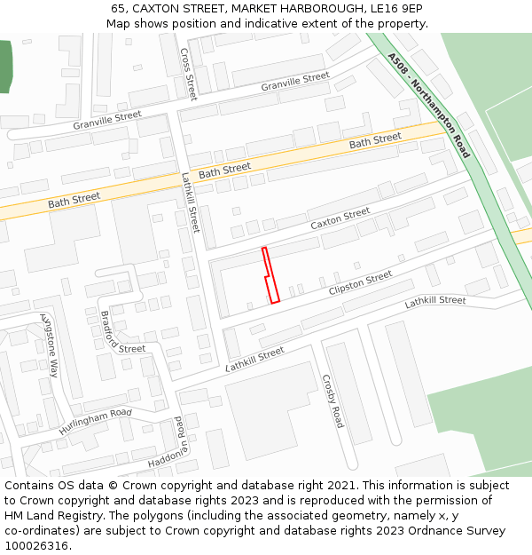 65, CAXTON STREET, MARKET HARBOROUGH, LE16 9EP: Location map and indicative extent of plot