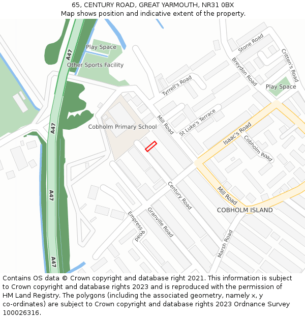 65, CENTURY ROAD, GREAT YARMOUTH, NR31 0BX: Location map and indicative extent of plot