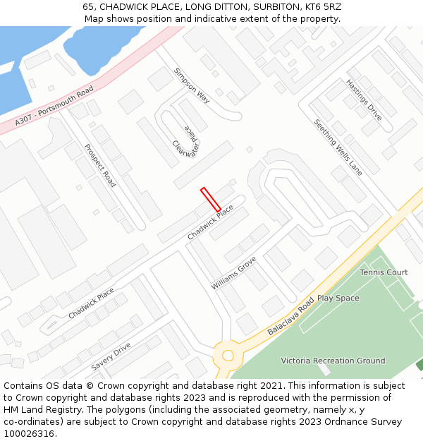 65, CHADWICK PLACE, LONG DITTON, SURBITON, KT6 5RZ: Location map and indicative extent of plot