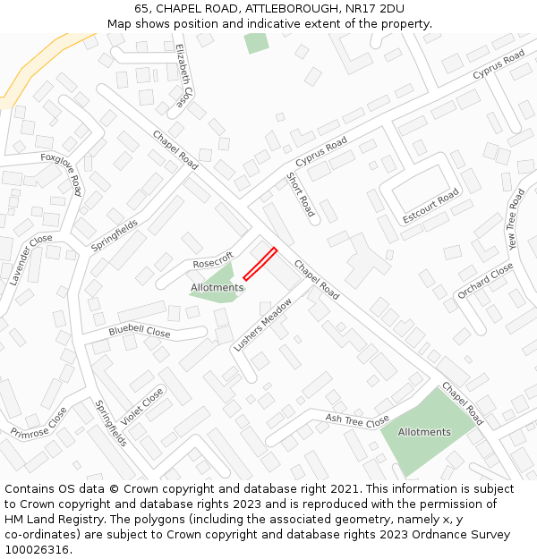 65, CHAPEL ROAD, ATTLEBOROUGH, NR17 2DU: Location map and indicative extent of plot