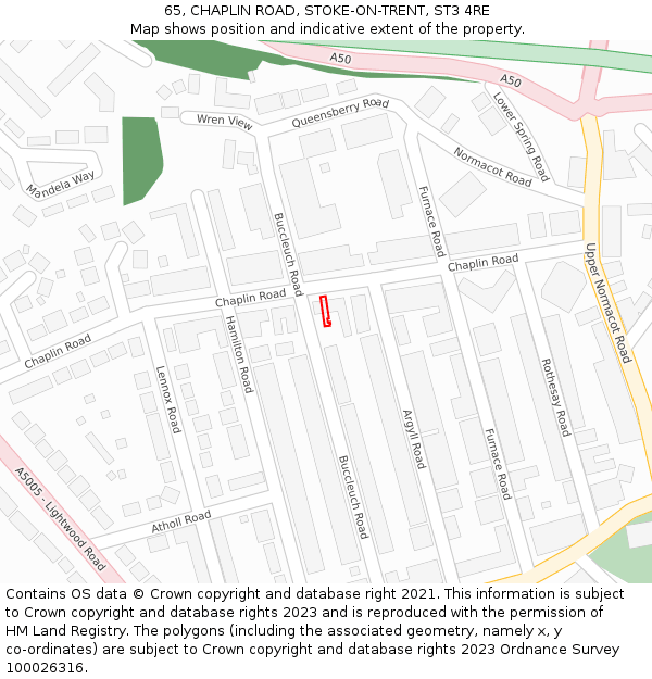 65, CHAPLIN ROAD, STOKE-ON-TRENT, ST3 4RE: Location map and indicative extent of plot