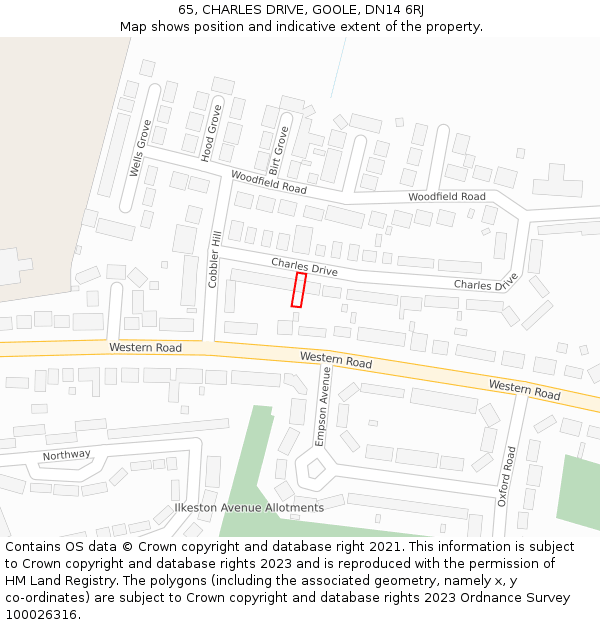 65, CHARLES DRIVE, GOOLE, DN14 6RJ: Location map and indicative extent of plot