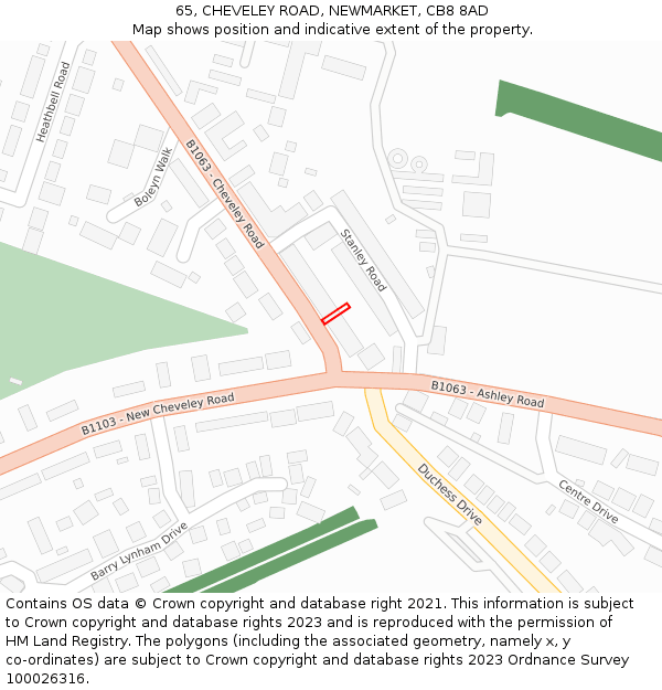 65, CHEVELEY ROAD, NEWMARKET, CB8 8AD: Location map and indicative extent of plot
