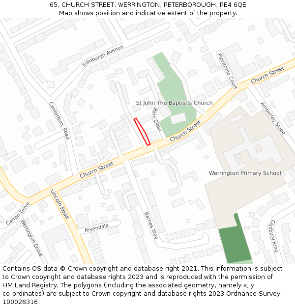 65, CHURCH STREET, WERRINGTON, PETERBOROUGH, PE4 6QE: Location map and indicative extent of plot