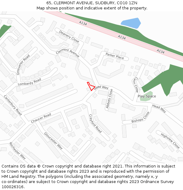 65, CLERMONT AVENUE, SUDBURY, CO10 1ZN: Location map and indicative extent of plot