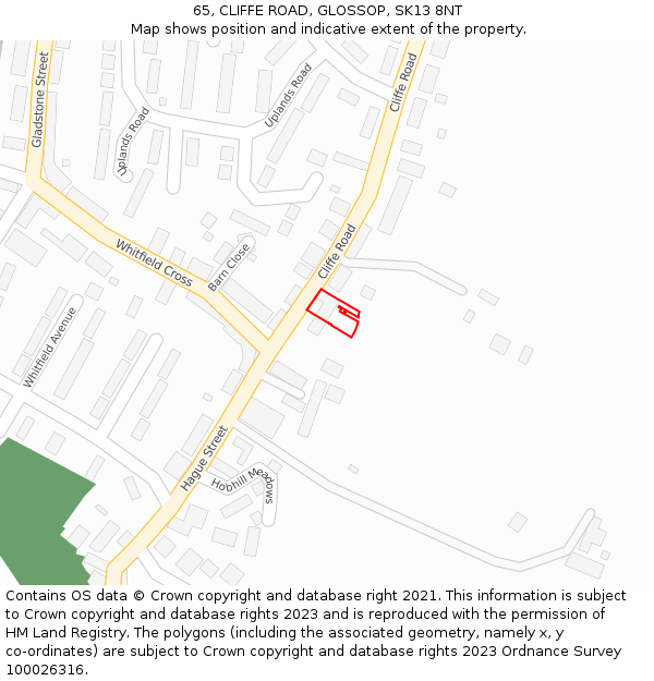 65, CLIFFE ROAD, GLOSSOP, SK13 8NT: Location map and indicative extent of plot