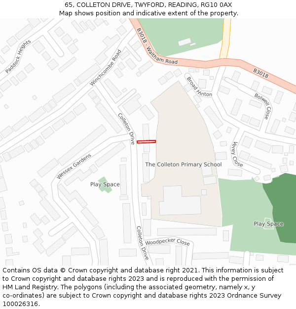 65, COLLETON DRIVE, TWYFORD, READING, RG10 0AX: Location map and indicative extent of plot