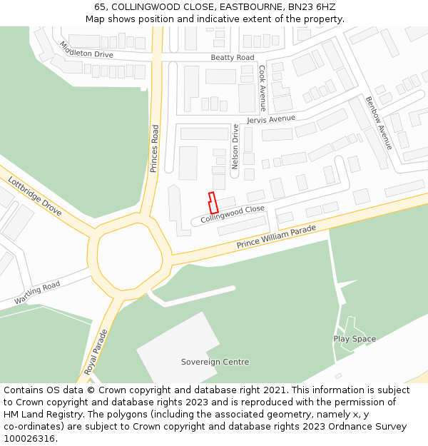 65, COLLINGWOOD CLOSE, EASTBOURNE, BN23 6HZ: Location map and indicative extent of plot