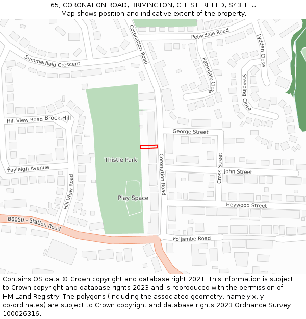 65, CORONATION ROAD, BRIMINGTON, CHESTERFIELD, S43 1EU: Location map and indicative extent of plot