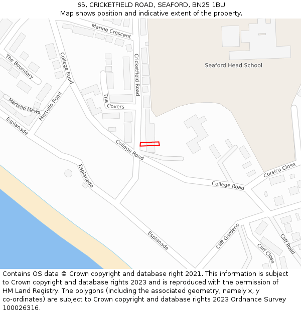 65, CRICKETFIELD ROAD, SEAFORD, BN25 1BU: Location map and indicative extent of plot