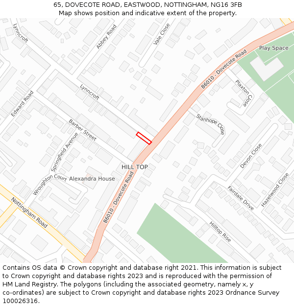 65, DOVECOTE ROAD, EASTWOOD, NOTTINGHAM, NG16 3FB: Location map and indicative extent of plot