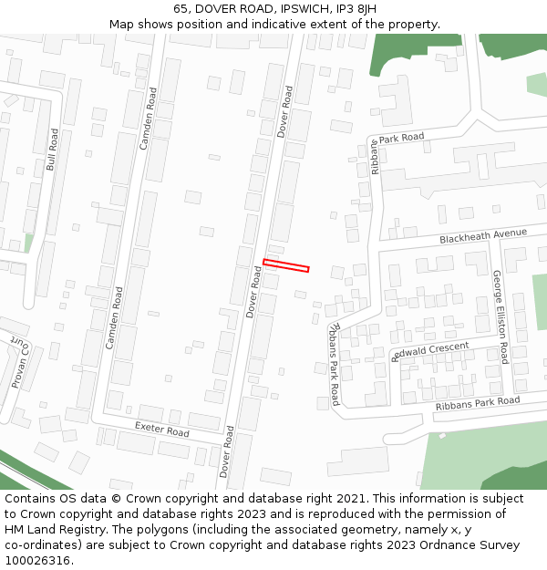 65, DOVER ROAD, IPSWICH, IP3 8JH: Location map and indicative extent of plot