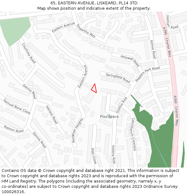 65, EASTERN AVENUE, LISKEARD, PL14 3TD: Location map and indicative extent of plot