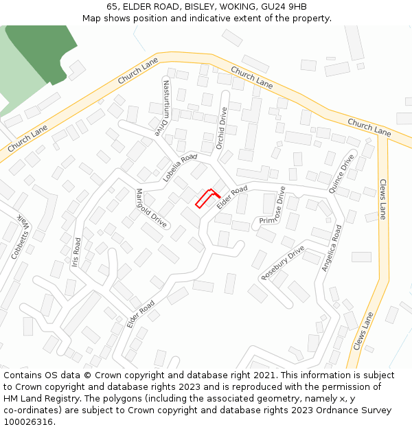 65, ELDER ROAD, BISLEY, WOKING, GU24 9HB: Location map and indicative extent of plot